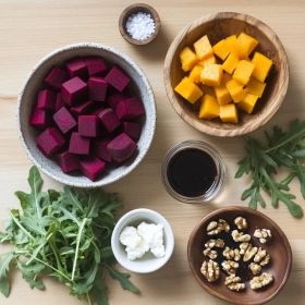 Step-by-step preparation of Roasted Beet and Butternut Salad showing ingredients and initial cooking steps