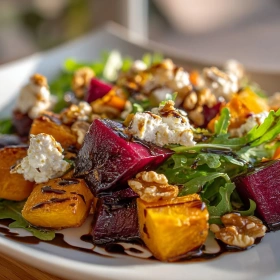 Close-up of Roasted Beet and Butternut Salad showing texture, layers, and glossy finish