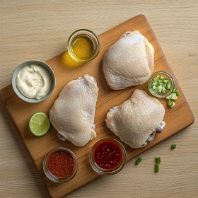 Step-by-step preparation of Spicy Bang Bang Chicken Thighs showing ingredients and initial cooking steps