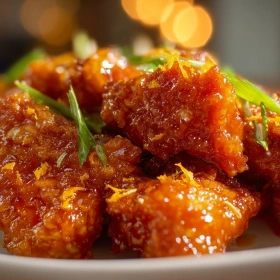 Close-up of Crispy Orange Chicken Delight showing texture, layers, and glossy finish