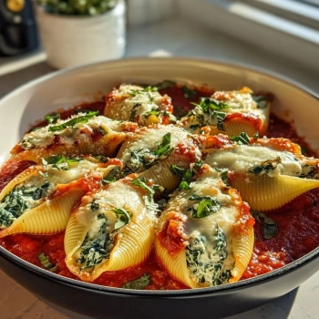 Perfectly cooked Spinach and Ricotta Stuffed Shells served and ready to eat - final result