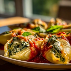 Close-up of Spinach and Ricotta Stuffed Shells showing texture, layers, and glossy finish