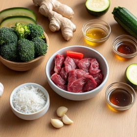 Step-by-step preparation of Savory Asian Stir-Fry Bowl showing ingredients and initial cooking steps