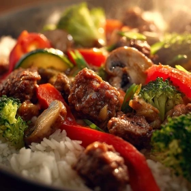 Close-up of Savory Asian Stir-Fry Bowl showing texture, layers, and glossy finish