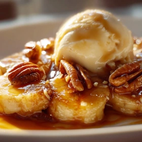 Close-up of Caramelized Banana Pecan Delight showing texture, layers, and glossy finish