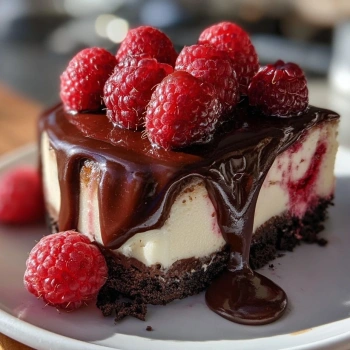 Perfectly cooked Decadent Dark Chocolate Raspberry Cheesecake served and ready to eat - final result