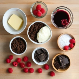 Step-by-step preparation of Decadent Dark Chocolate Raspberry Cheesecake showing ingredients and initial cooking steps