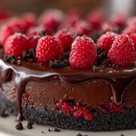 Close-up of Decadent Dark Chocolate Raspberry Cheesecake showing texture, layers, and glossy finish