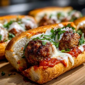 Close-up of Savory Italian Meatball Subs showing texture, layers, and glossy finish