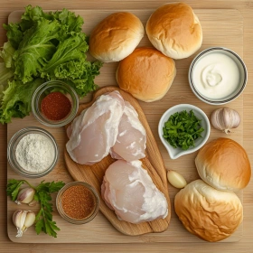 Step-by-step preparation of Cajun Crispy Chicken Sandwich showing ingredients and initial cooking steps