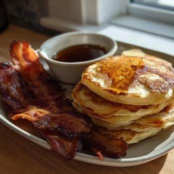 Perfectly cooked Fluffy Buttermilk Pancakes with Crispy Bacon served and ready to eat - final result