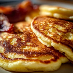 Close-up of Fluffy Buttermilk Pancakes with Crispy Bacon showing texture, layers, and glossy finish