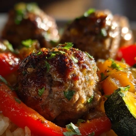 Close-up of Savory Mediterranean Meatball Medley showing texture, layers, and glossy finish