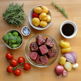 Step-by-step preparation of Savory Herb-Roasted Steak Bowl showing ingredients and initial cooking steps