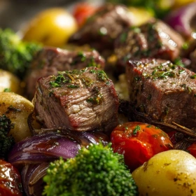 Close-up of Savory Herb-Roasted Steak Bowl showing texture, layers, and glossy finish