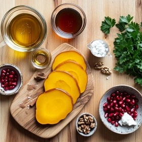 Step-by-step preparation of Roasted Pumpkin with Pomegranate Glaze showing ingredients and initial cooking steps
