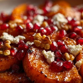 Close-up of Roasted Pumpkin with Pomegranate Glaze showing texture, layers, and glossy finish