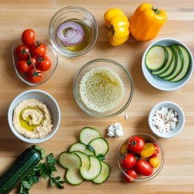 Step-by-step preparation of Vibrant Mediterranean Quinoa Bowl showing ingredients and initial cooking steps