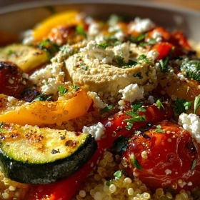 Close-up of Vibrant Mediterranean Quinoa Bowl showing texture, layers, and glossy finish