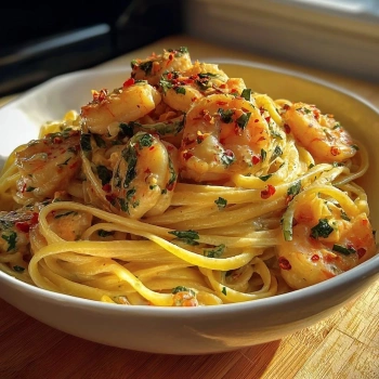Perfectly cooked Spicy Creamy Shrimp Pasta Delight served and ready to eat - final result