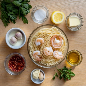 Step-by-step preparation of Spicy Creamy Shrimp Pasta Delight showing ingredients and initial cooking steps