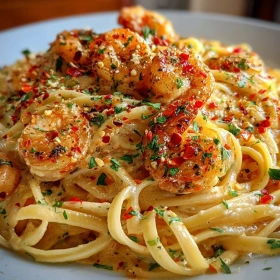 Close-up of Spicy Creamy Shrimp Pasta Delight showing texture, layers, and glossy finish