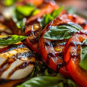 Close-up of Grilled Caprese Salad with Basil showing texture, layers, and glossy finish
