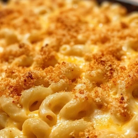 Close-up of Golden Baked Macaroni and Cheese showing texture, layers, and glossy finish