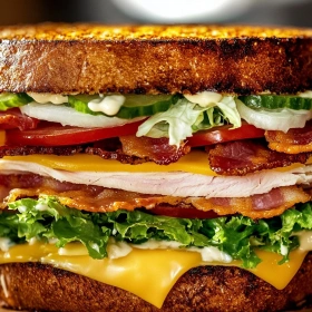 Close-up of Ultimate Crispy Loaded Club Sandwich showing texture, layers, and glossy finish