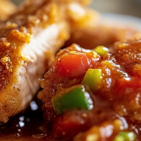 Close-up of Crispy Cajun Chicken with Creole Sauce showing texture, layers, and glossy finish