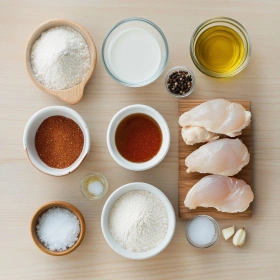 Step-by-step preparation of Crispy Gluten-Free Buttermilk Chicken showing ingredients and initial cooking steps