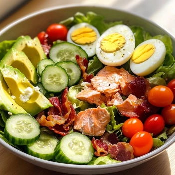 Perfectly cooked Vibrant Salmon Cobb Salad served and ready to eat - final result