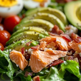 Close-up of Vibrant Salmon Cobb Salad showing texture, layers, and glossy finish