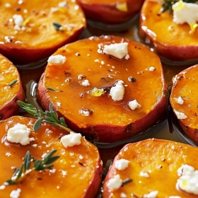 Close-up of Honey-Glazed Sweet Potato Rounds showing texture, layers, and glossy finish