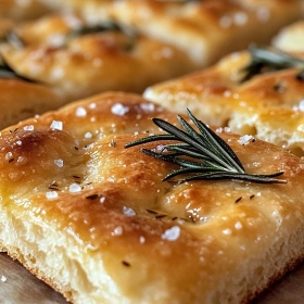 Close-up of Gluten-Free Rosemary Sea Salt Focaccia showing texture, layers, and glossy finish