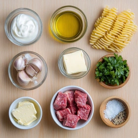 Step-by-step preparation of Creamy Garlic Steak Pasta Delight showing ingredients and initial cooking steps