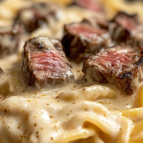 Close-up of Creamy Garlic Steak Pasta Delight showing texture, layers, and glossy finish