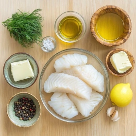 Step-by-step preparation of Pan-Seared Cod with Dill Sauce showing ingredients and initial cooking steps