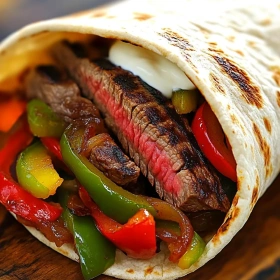 Close-up of Grilled Steak Fajita Wrap showing texture, layers, and glossy finish