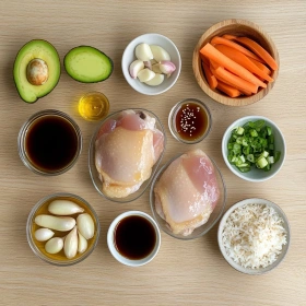 Step-by-step preparation of Spicy Maple Glazed Chicken Bowl showing ingredients and initial cooking steps