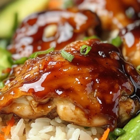 Close-up of Spicy Maple Glazed Chicken Bowl showing texture, layers, and glossy finish
