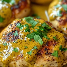 Close-up of Savory French Mustard Chicken showing texture, layers, and glossy finish
