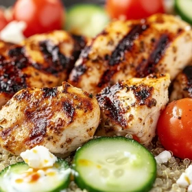 Close-up of Zesty Greek Chicken Bowls showing texture, layers, and glossy finish