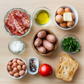 Step-by-step preparation of Hearty English Breakfast Feast showing ingredients and initial cooking steps