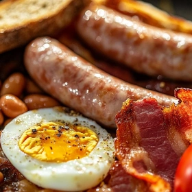 Close-up of Hearty English Breakfast Feast showing texture, layers, and glossy finish
