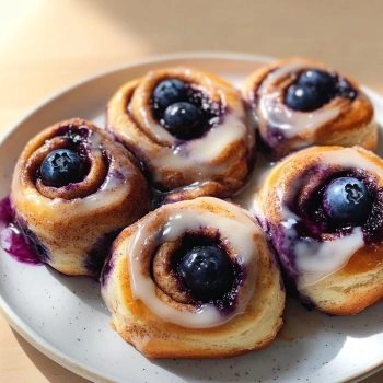Perfectly cooked Glazed Blueberry Cinnamon Rolls served and ready to eat - final result