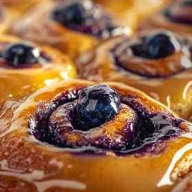 Close-up of Glazed Blueberry Cinnamon Rolls showing texture, layers, and glossy finish