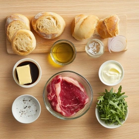 Step-by-step preparation of Gourmet Steak Sandwich with Caramelized Onions showing ingredients and initial cooking steps