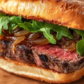 Close-up of Gourmet Steak Sandwich with Caramelized Onions showing texture, layers, and glossy finish