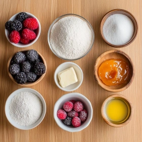 Step-by-step preparation of Rustic Berry Tartlets with Almond Crust showing ingredients and initial cooking steps